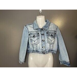 Highway Jeans Jacket Womens Large Blue Light Wash Cropped Denim Button Front